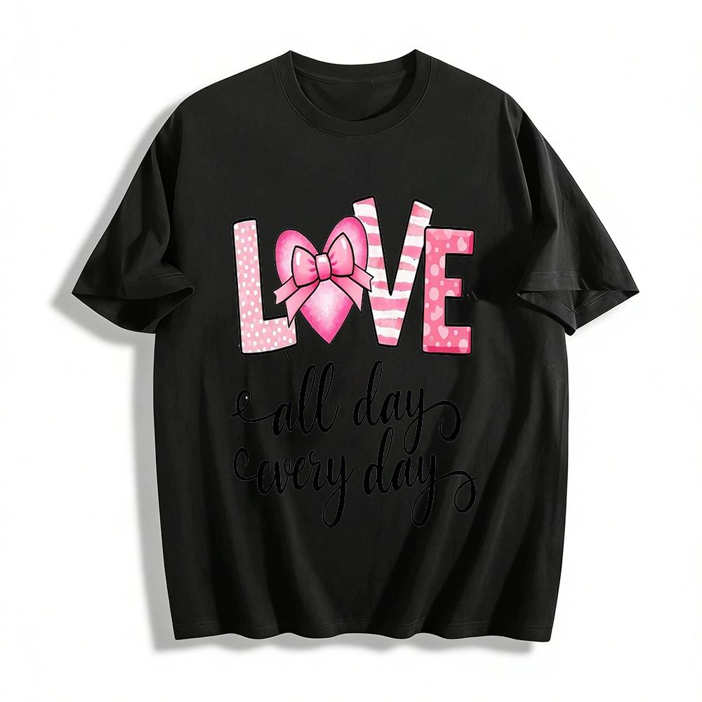 Love All Day Every Day Pink Heart Bow Graphic Print Tee Pure cotton T-shirt XXS