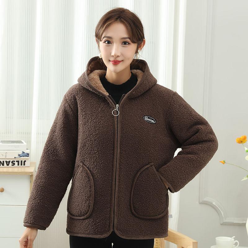 Granulowany polarowa kurtka zimowa plus aksamitne pogrubienie dla utrzymania ciepła w średnim i starszym wieku duży kołnierz z kapturem luźny duży rozmiar casual