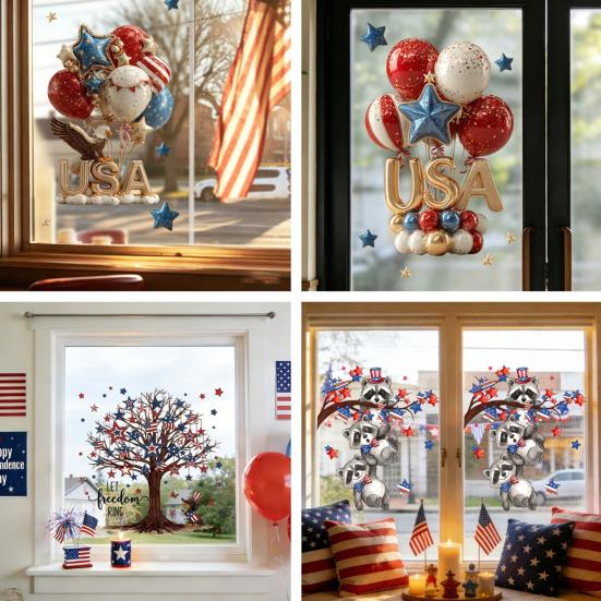 4th of July Window Clings Patriotic American Flag Red Blue White Tree Balloons Stickers Independence Memorial Day Static Decals for Store Glass Decor