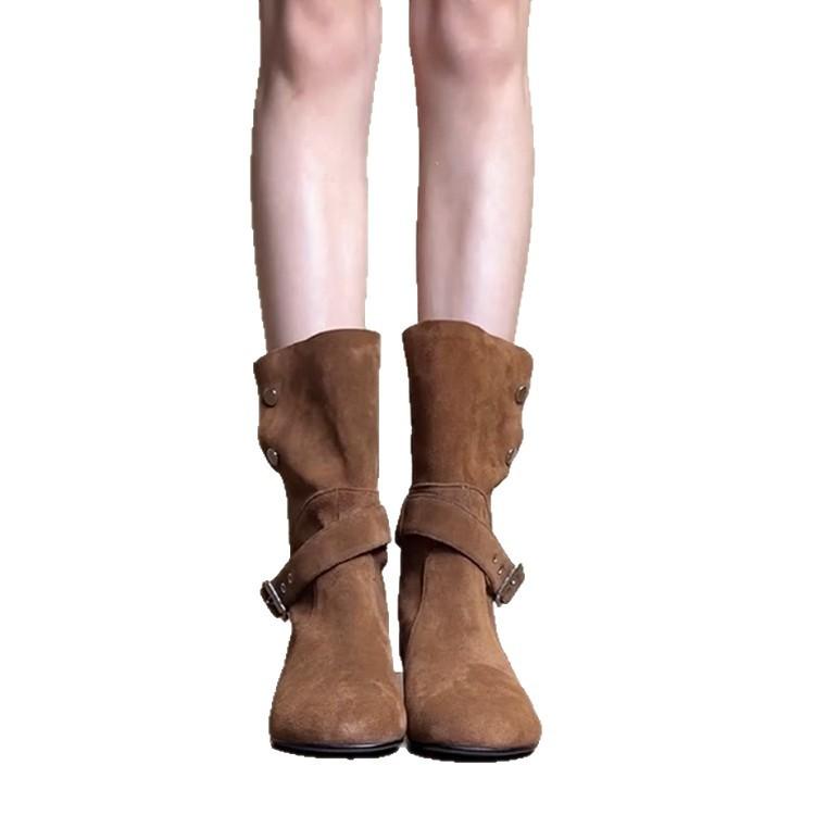 Soft leather version~ New fashionable niche design sense inner height increase western boots women's belt buckle two wear matte leather short boots