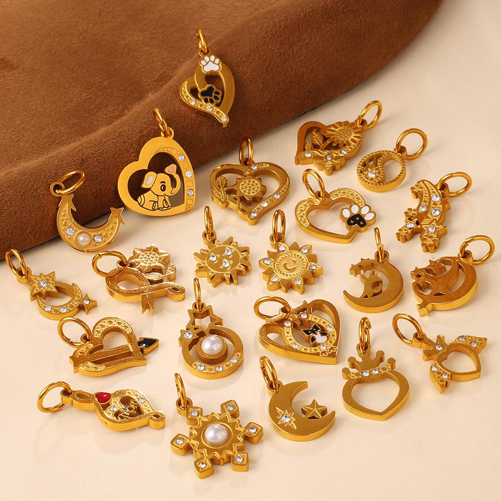 18K Gold-Plated Stainless Steel Moon Heart Diamond Pendant for DIY Jewelry