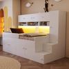 Wooden Children's Bed 90 × 200 cm, With Storage Space, Storage Compartments, Wardrobe and Climbing Ladder, With LED Lighting and Safety Railing, White