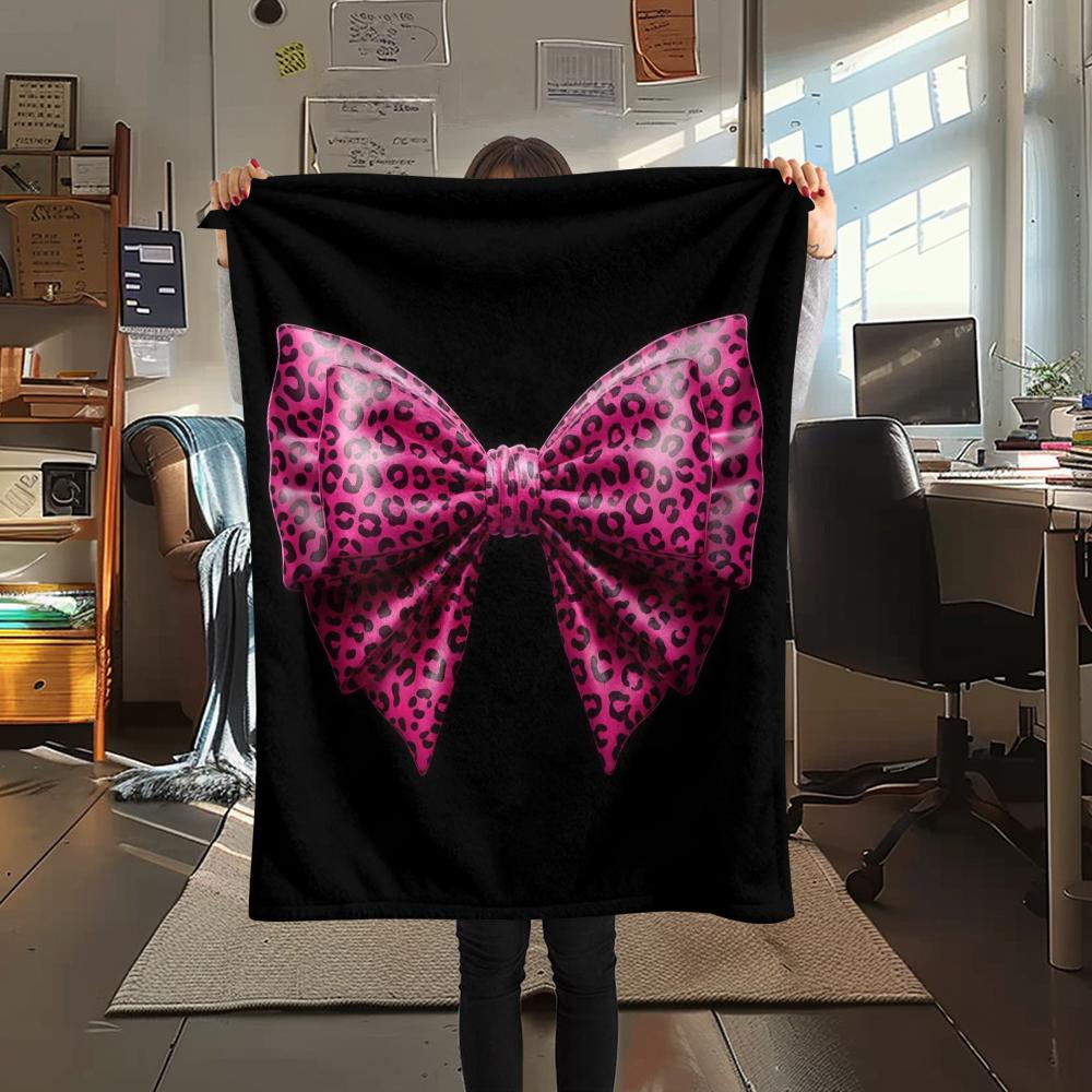1Pc Pink Bow Print Flannel Blanket, High quality Comfortable for All Seasons, Home Decor, Warmth and Comfort, Perfect for Christmas Gifts W29