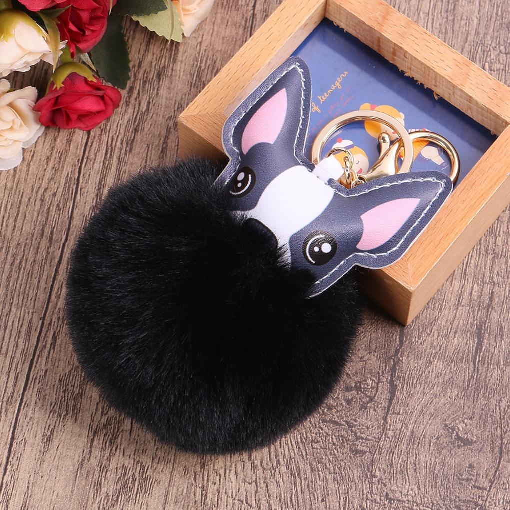 Bulldog Pom Pom Keyring (Black) Bag Decoration Car Perky Ring