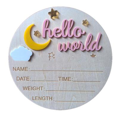 Wooden Hello World Newborn Sign, Cute Birth Announcement Board Baby Announcement