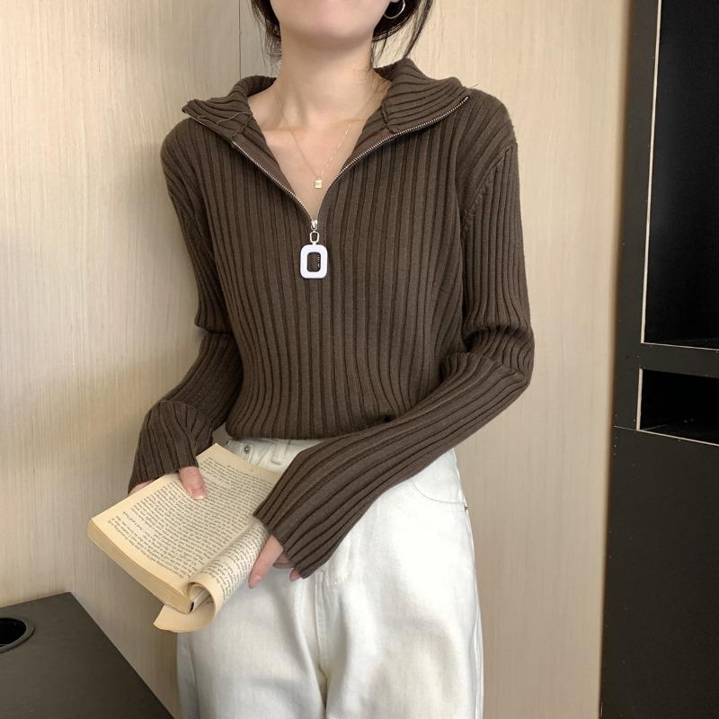 Design Sense Semi-zipper Long-sleeved Knitted Sweater Women's Spring New Thickened Pit Strip Bottoming Shirt with Sweater Inside
