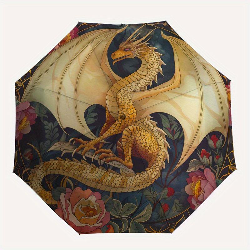 Golden Dragon with Flowers Circular Wall ArtDecorUmbrella, Portable 3-Fold Compact Umbrella for Men & Women Gift