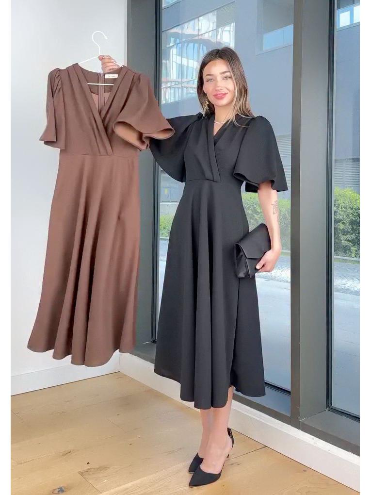 2025 Summer New Women's V-neck Solid Color Waist-cinching Dress