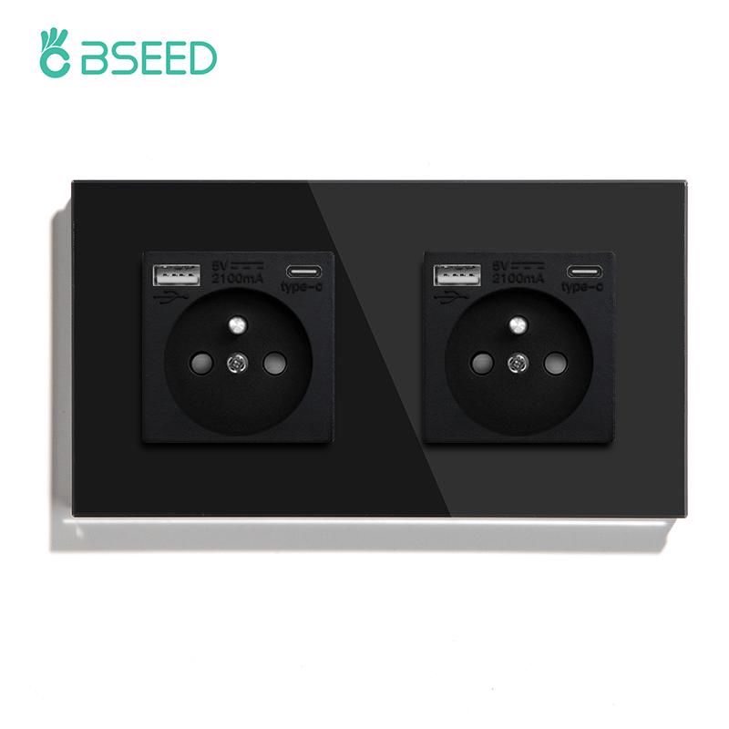 BSEED Single French Wall Socket Double Power Sockets Triple Electric Sockets With Type-c Double USB Charing Ports  Glass Frame