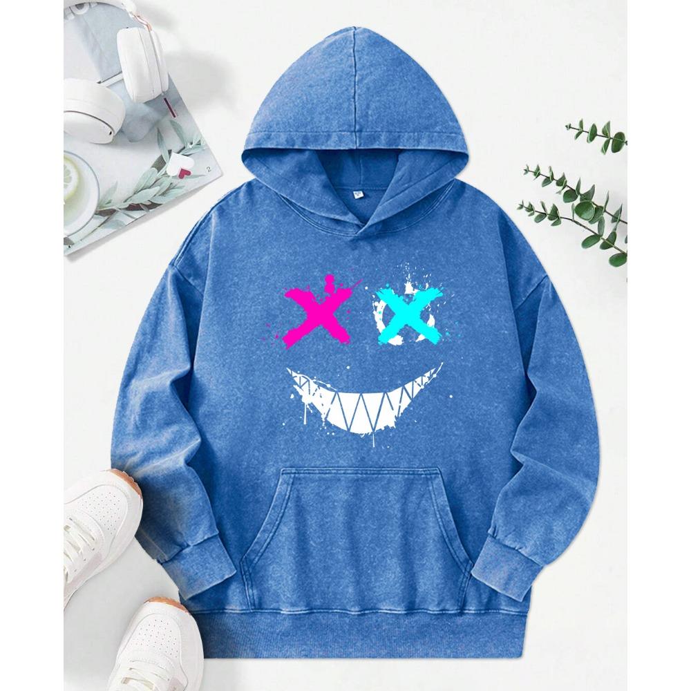 Strange Smiling Expressions Print Washed Hoody For Women Fashion Cotton Streetwear Personality Autumn Loose Top Soft Hoodies