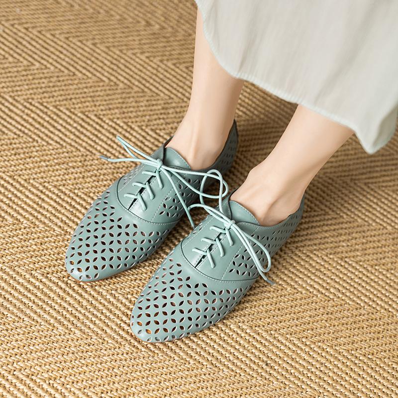 Fashion 2025 Summer New Women Flat Shoes Round Toe Hollow Out Basic Casual Working Comfortable Soft Genuine Leather Shoes Woman Concise