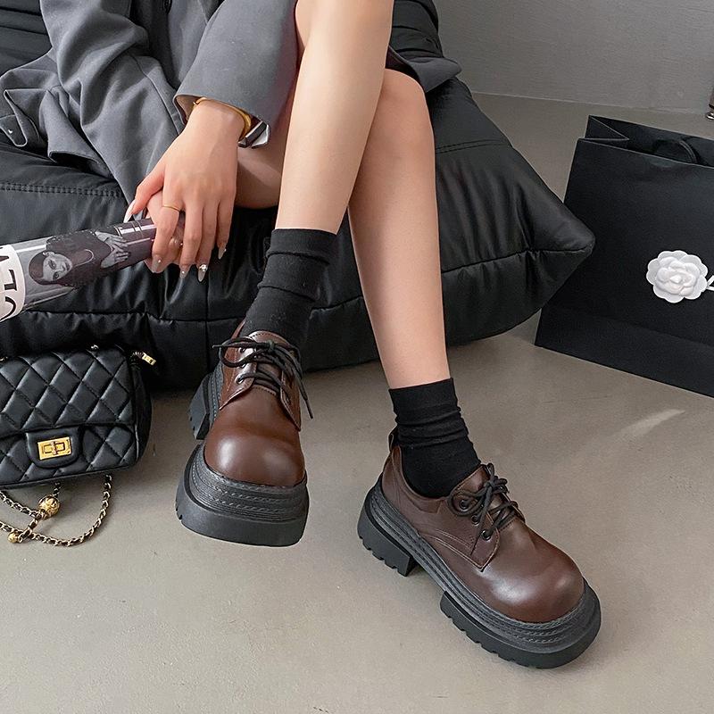 European thick-soled muffin loafers, children's spring new round head lace-up polished small leather shoes