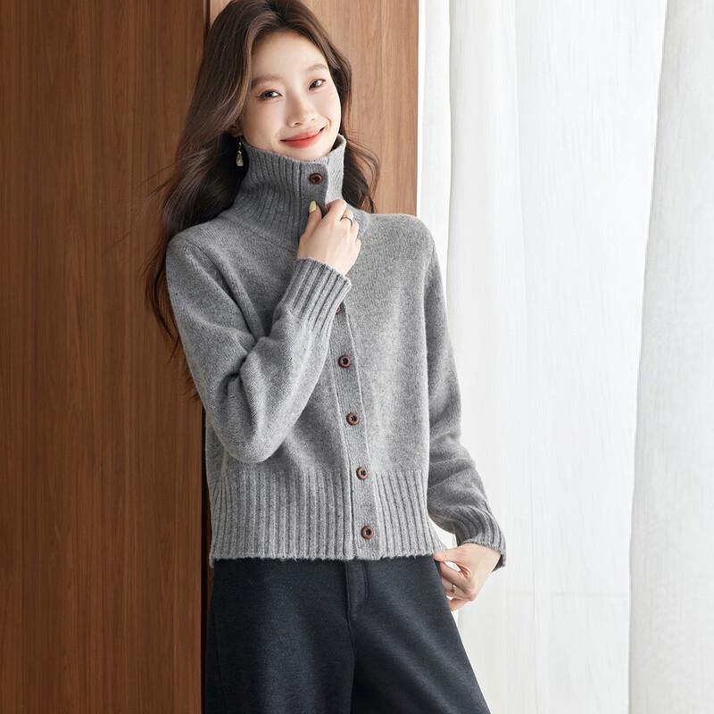 Srcr Women's 100% Sheep Wool High-Neck Knit Cardigan