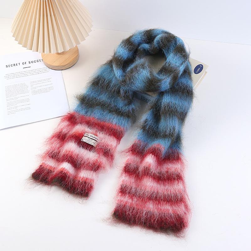 Thick Woolen Knitted Scarf Autumn Winter Rainbow Color Block Striped Versatile Anti-Cold Shoulder Wrap Scarf