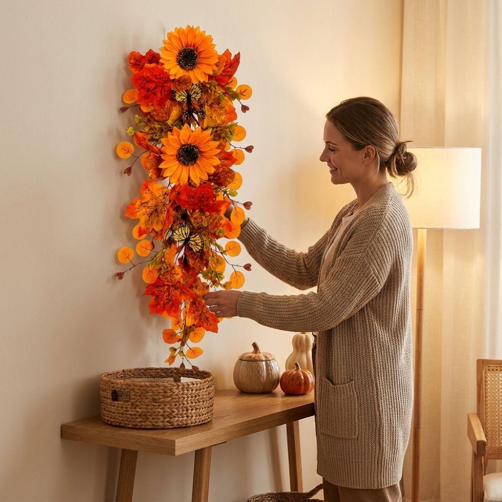 Lifelike Sunflower Wall Hanging Wreath with Butterfly Eucalyptus Leaves Fall Sunflower Teardrop Swag Harvest Theme Real Touch