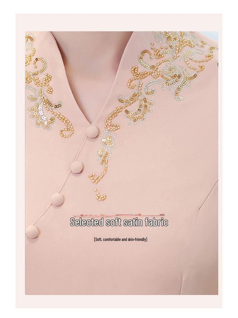 2025 Spring Elegant Pink Cheongsam Dress for Mother-in-Law's Wedding