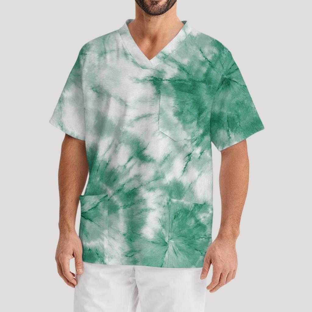 Men's Printing Short Sleeve V-neck Working Blouse Chest Pocket Carer Top