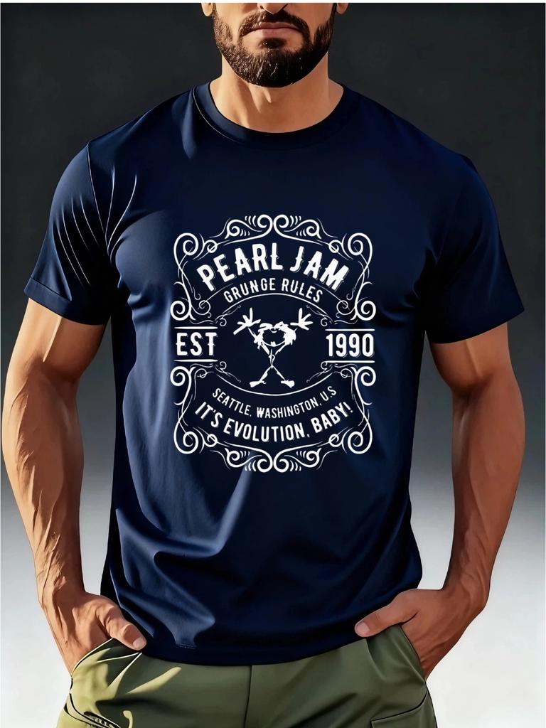 T-Shirt alla Moda da Uomo con Tema Rock Vintage "PEARL JAM 1990 Seattle" Stampa Classica
