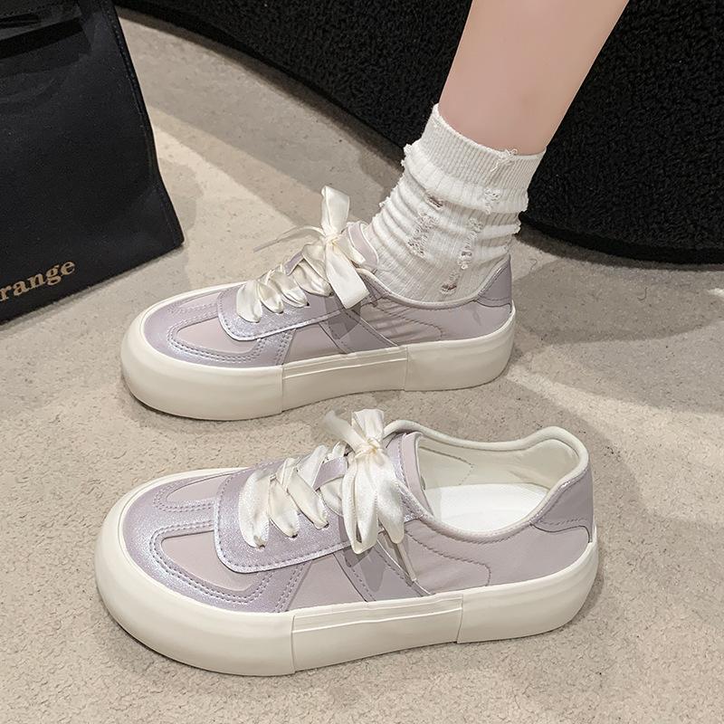 Little White Shoes Women's Autumn 2025 New Thin Breathable Moral Training Shoes Heightened Thick-soled Splicing Satin Casual Board Shoes