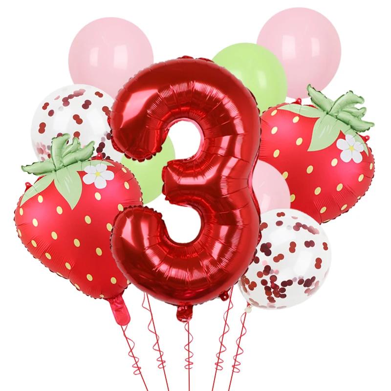 11Pcs 32inch Red 1-9 Years Old Digital Aluminum Film Strawberry Red Polka Dot Balloons Set Birthday Party Baby Shower Supplies