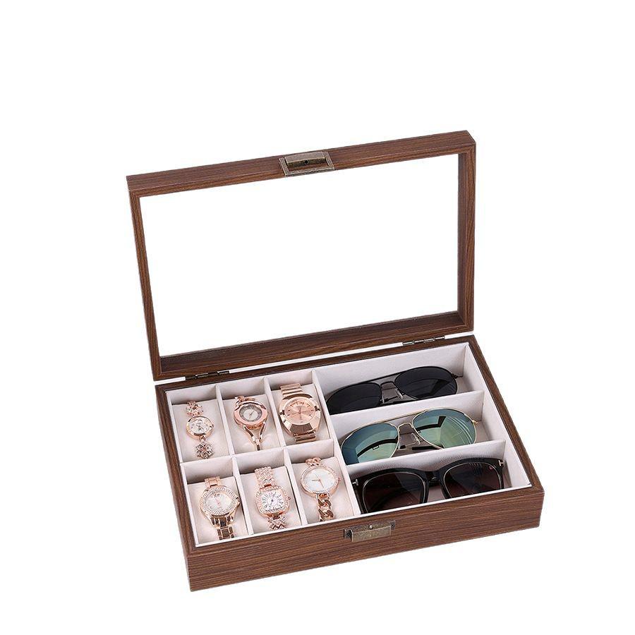 Black Walnut Wood Grain Box: Multifunctional Storage for 6 Watches & 3 Eyeglasses