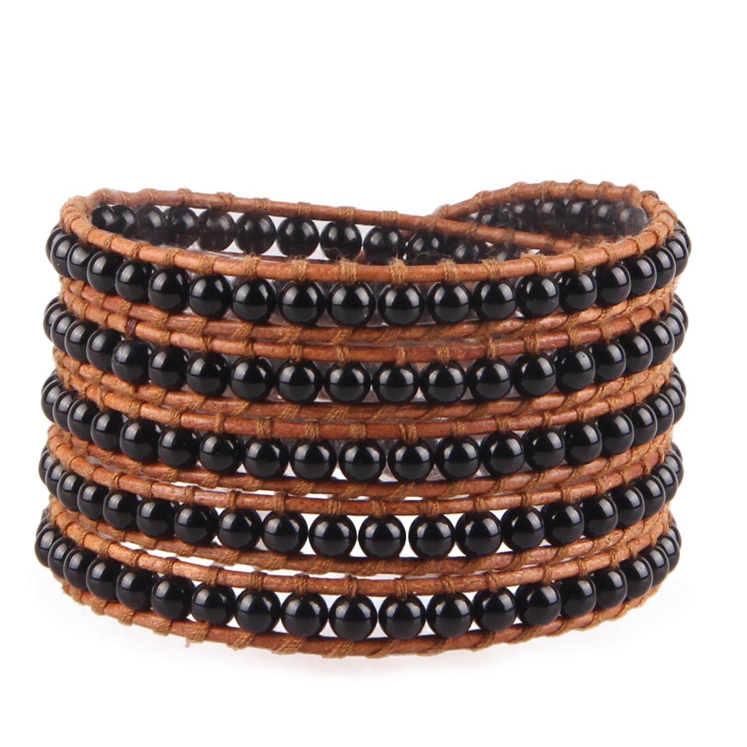 KELITCH Natural Agate Bead Brown Leather Woven 5-Wrap Bracelet Handmade Fashion Men sWomen s Jewelry (Black)
