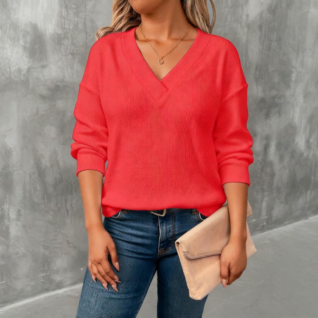 Women's Comfortable Loose Fashion Casual Solid Color V-Neck Long Sleeve Plus Size T-Shirt Top
