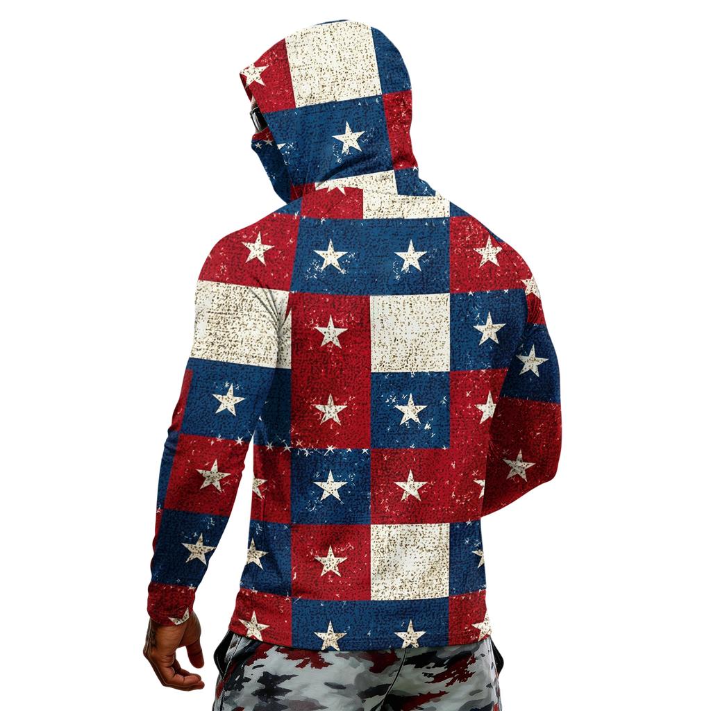 Men's Long Sleeve Lightweight Hoodie with Drawstring Hood and Face Covering Flag Print Casual Pullover Top