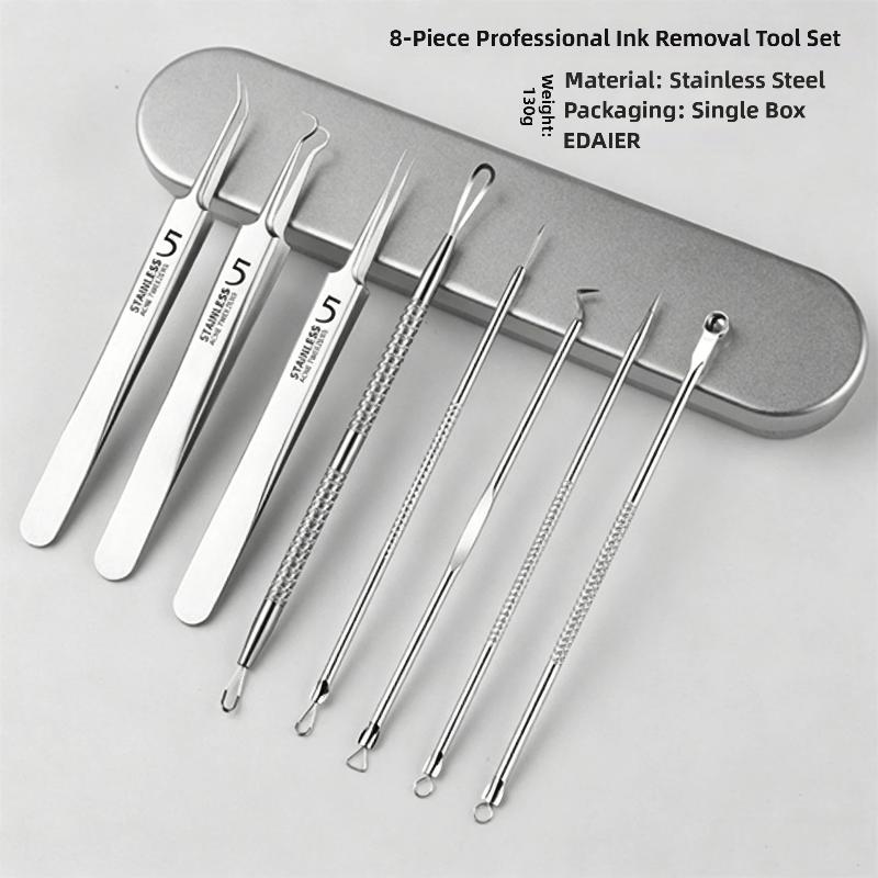 8-Piece Acne Extraction Tool Set In Stainless Steel Box, Professional For Spas And Beauty Salons (Includes Free 10Pcs Pad)