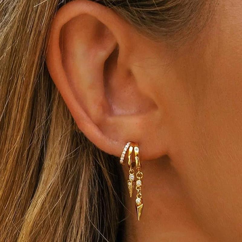 14k Gold Plated Triple Huggie Stud Earrings Cute Statement Chain Earring Dainty Drop Earrings for Women Trendy Jewelry