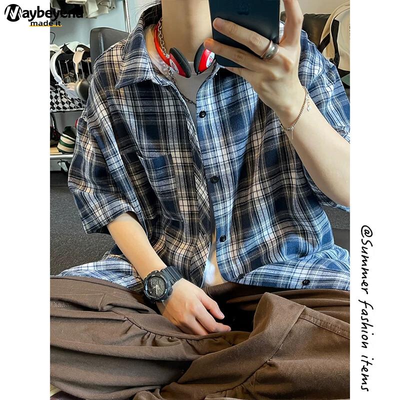 MAYBEYOND Men s Plaid Short Sleeve Casual Shirt XL