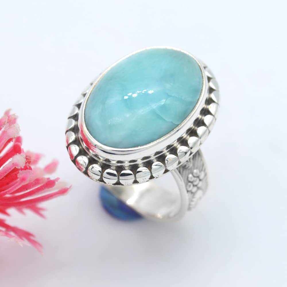 Larimar Ring mit Edelstein 925 Sterling Silber Ring handgefertigter Stein massiver Boho Chic Stein geflochtener Schmuck für Frauen – 8,9 g