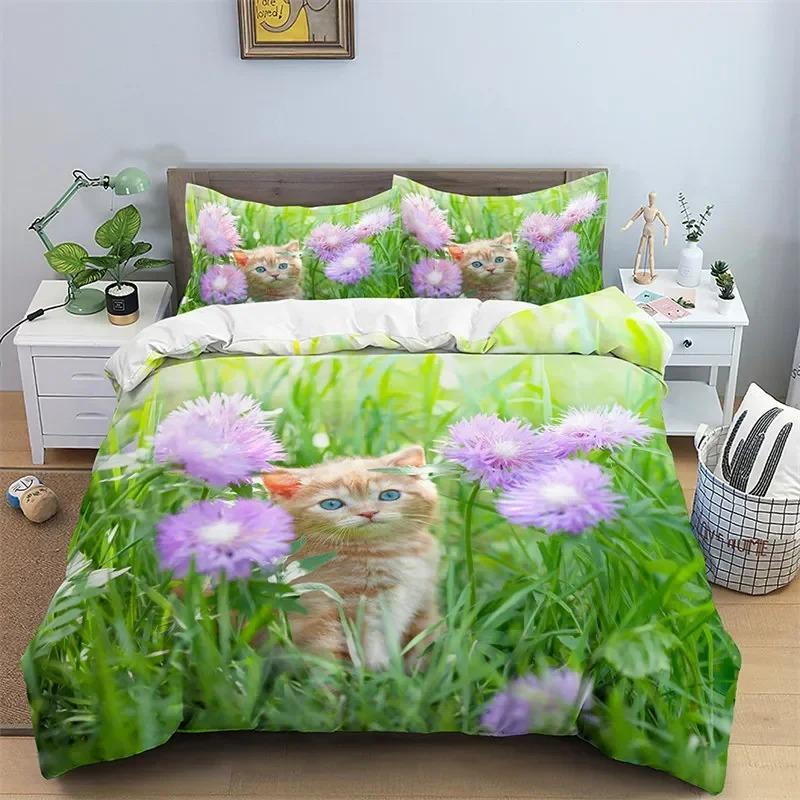 3D Cat Print Duvet Cover Floral Bedding Set Twin Full For Kids Girls Boys Room Luxury Microfiber Quilt Cover