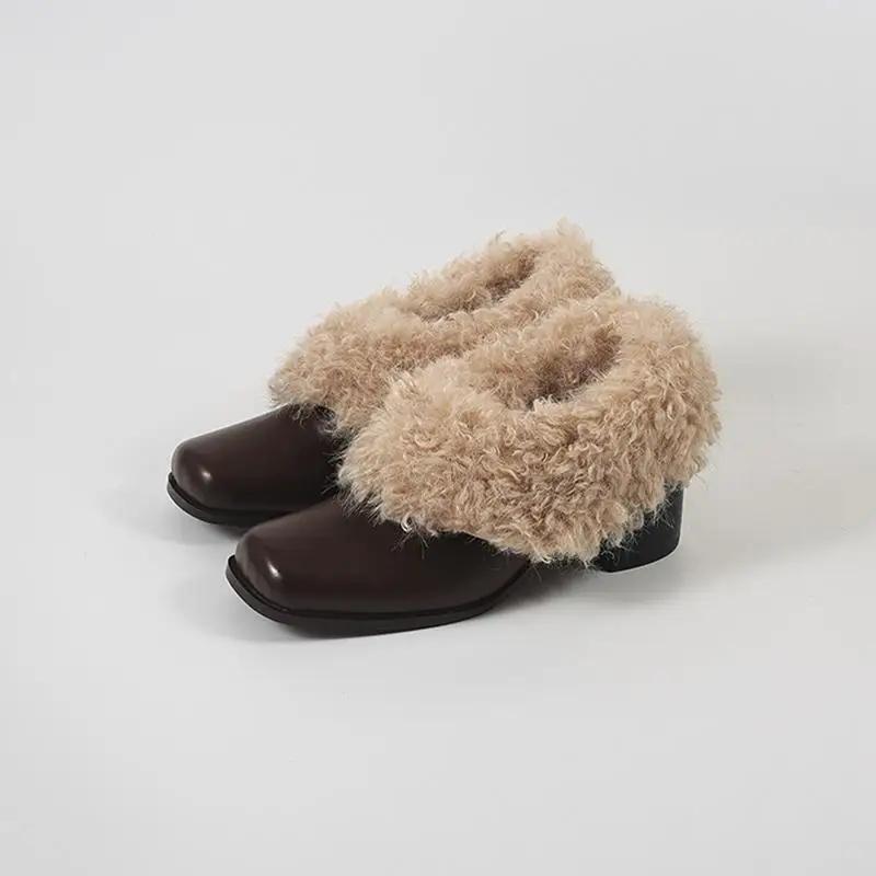 Designer Fluffy Mary Jane Shoes Fashion Shallow Slip On Shoes Winter Warm Square Toe Thick Heel Shoes