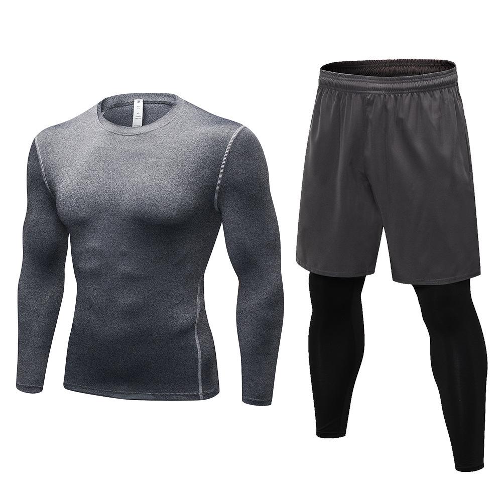 Men's Quick-Dry Sweat-Wicking Fitness Set: Long-Sleeve Top with Fake Two-Piece Design & Long Pants (1019+7010)