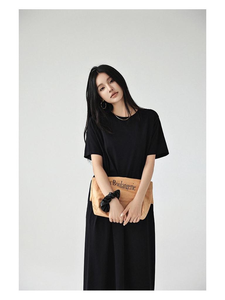 61035# FRESH UP Rochie Tricou Minimalistă Supradimensionată cu Mânecă Scurtă Subgenunchi Subțietoare