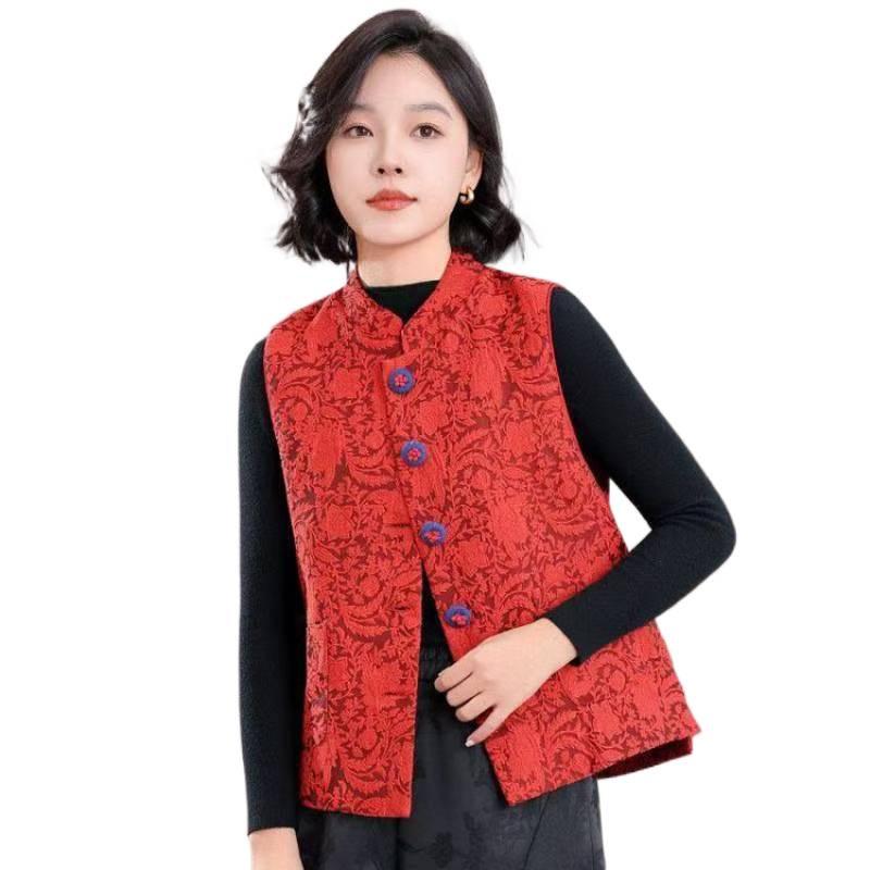 Women's Chic Chinese-Style Jacquard Padded Vest with Stand Collar - Tang Suit Spring/Winter 2026 Collection