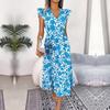 Sommer Damen Blumen V-Ausschnitt Ärmellos Urlaubs-Kleid Hohe Taille Holzohr-Kante Design