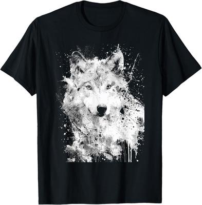 Abstraktes Wolf T-Shirt mit Tintenklecks- und Pinselstrich-Effekt