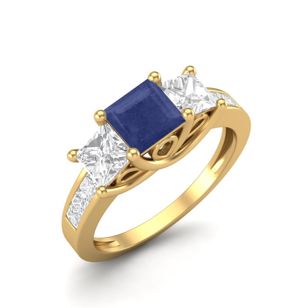 2.75 Cts Square Three Stone Blue Sapphire 925 Sterling Silver Gold Vermeil Women Engagement Ring