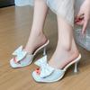 Sommer Damen Hohe Absätze Mode Quadratische Zehenpartie Design Slingback Sandalen Elegante Schleife Stiletto Hausschuhe für Damen Partykleider Schuhe