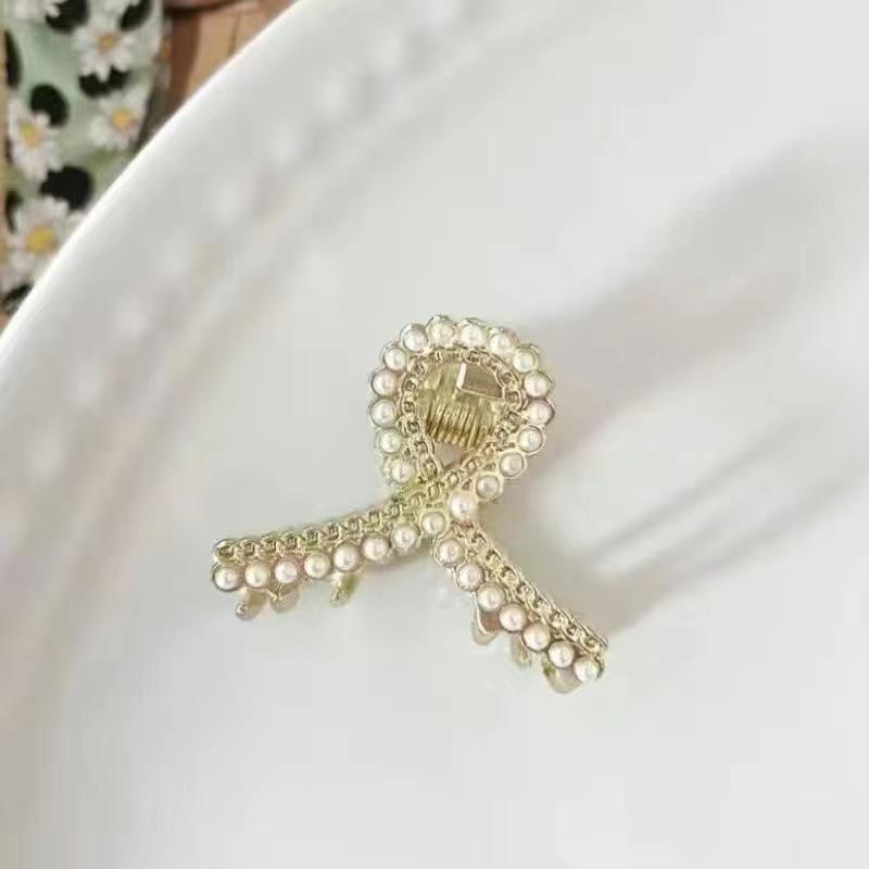 Bow Rhinestone Pearl Mini Hair Clip - Women's Small Shark Grip Hairpin