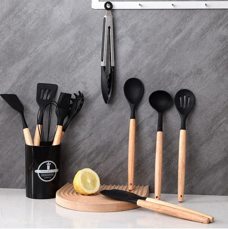 12-Piece Silicone Kitchen Tool Set: High-Temp Resistant Non-Stick Utensils with Wooden Handles, Includes Spatulas and Soup Ladle