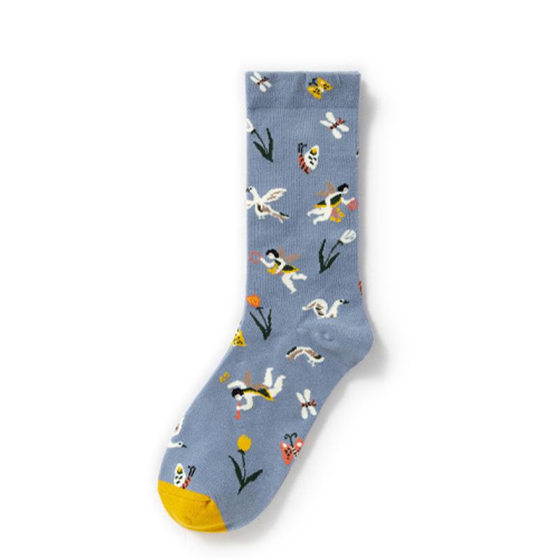 French Retro Abstract Oil Painting Mid-Calf Socks - Trendy Autumn/Winter High-Top Creative Combed Cotton for Women