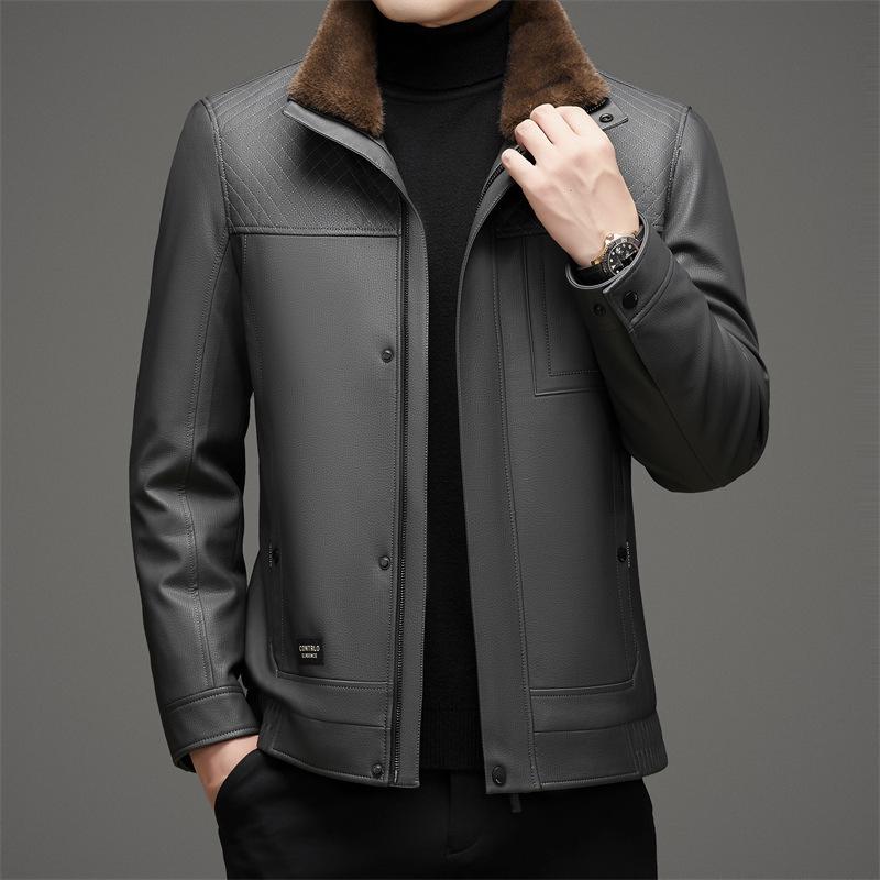 

Haining Men s Winter Leather Jacket with Detachable Fur Liner XXXXL серый