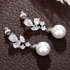 Huitan Aesthetic Elegant Imitation Pearl Women Drop Earrings Wedding Engagement Trendy Accessories with Shiny CZ Party Zircon