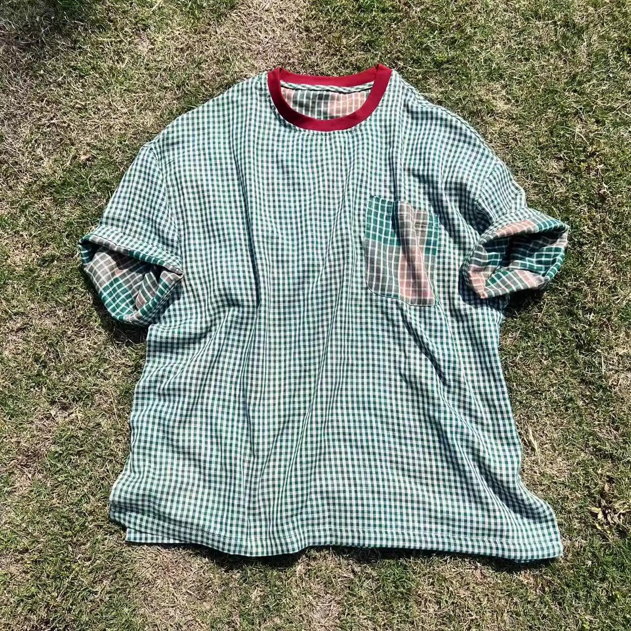 

DIMANAF 2025 Летняя льняная футболка женская с принтом в клетку с коротким рукавом свободная зеленая футболка черная One Size зелёный