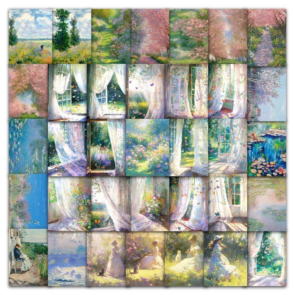 

63шт наклейки для картин маслом Моне: Минималистичные декоративные наклейки своими руками для рукописных дневников с креативным дизайном сумеречных пейзажей