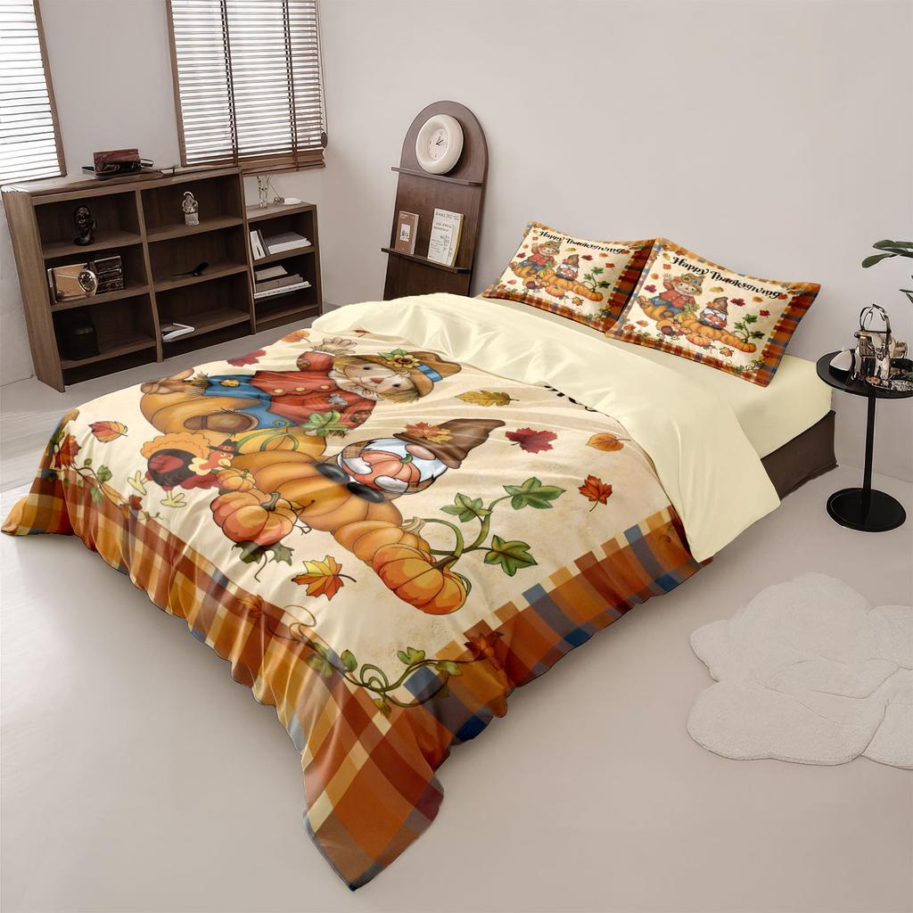 3pcs Thanksgiving Autumn Harvest Pumpkin Printed Coreless Bedding Set Multi Size Bedrooms Dormitory Comfortable Machine Washable