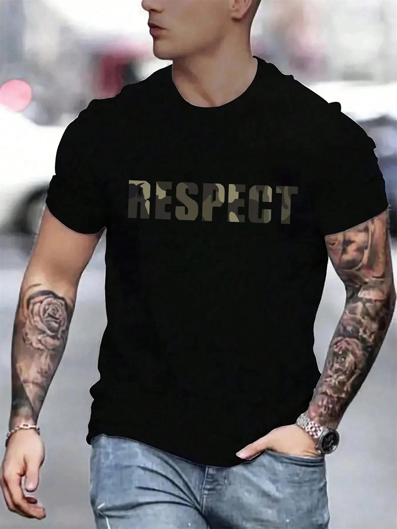 Men s casual loose RESPECT letter print 100% cotton fashionable round-neck short-sleeved T-shirt top S